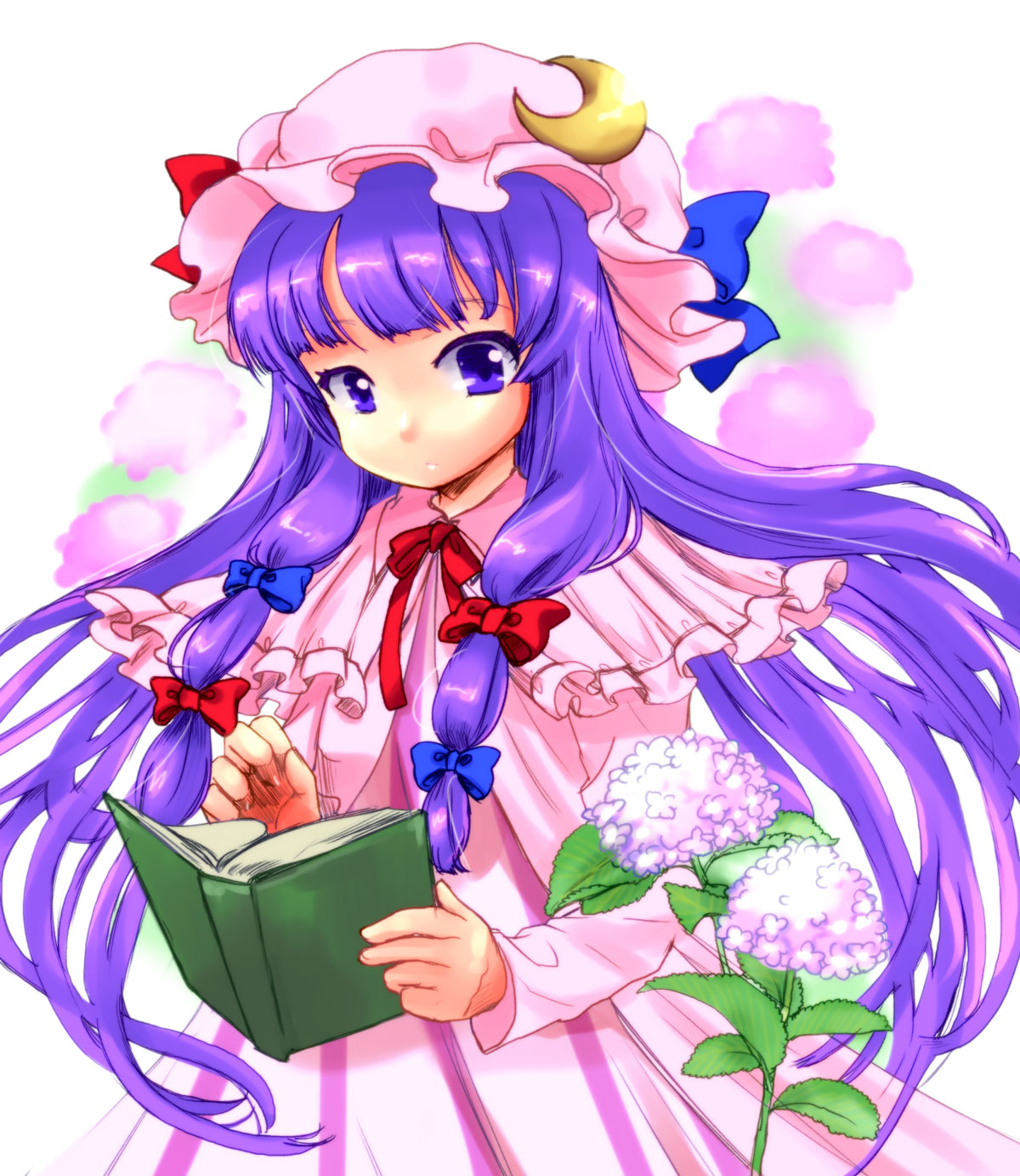book, buri, crescent, hat, highres, long_hair, patchouli_knowledge, purple_eyes