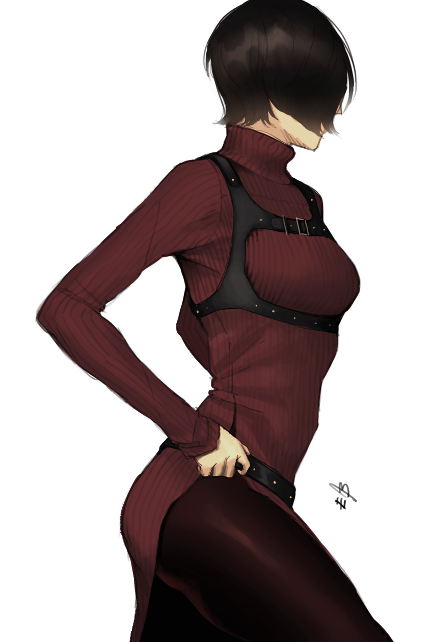 1girl, absurdres, ada_wong, belt, belt_buckle, black_hair, black_pants, breasts, buckle, cowboy_shot, english_commentary, ericson_blum, from_side, harness, highres, holster, long_sleeves, medium_breasts, pants, red_sweater, resident_evil, resident_evil_4, resident_evil_4_(remake), ribbed_sweater, short_hair, shoulder_holster, signature, sketch, solo, sweater, turtleneck, turtleneck_sweater, white_background