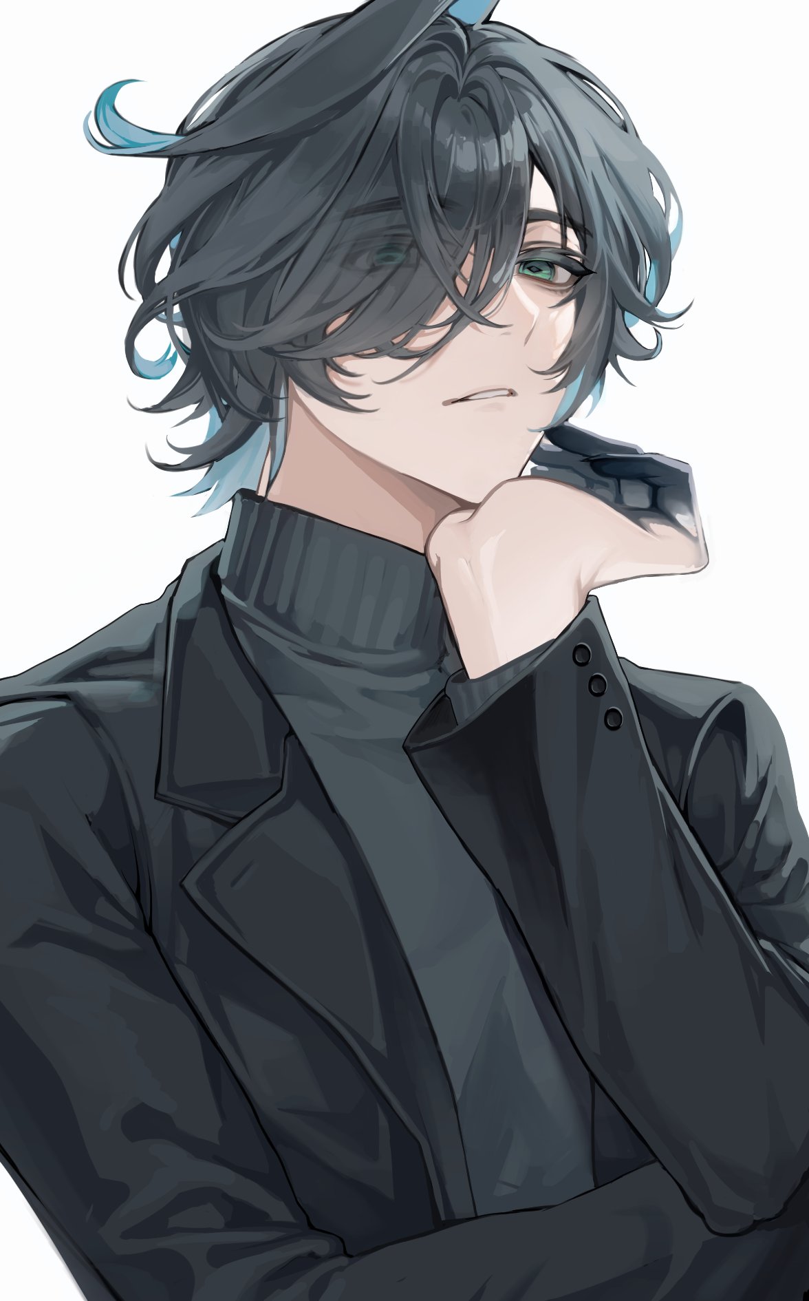 1boy, ahoge, ainchase_ishmael, aqua_hair, bigott_(elsword), black_hair, black_jacket, black_shirt, elsword, ged_s, green_eyes, head_rest, highres, jacket, long_sleeves, looking_at_viewer, male_focus, multicolored_hair, shirt, short_hair, solo, sweater, turtleneck, turtleneck_sweater, white_background
