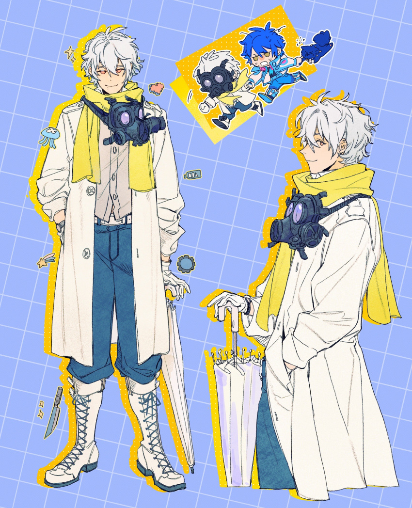 2boys, absurdres, baggy_pants, blue_hair, blue_pants, chibi, clear_(dramatical_murder), closed_mouth