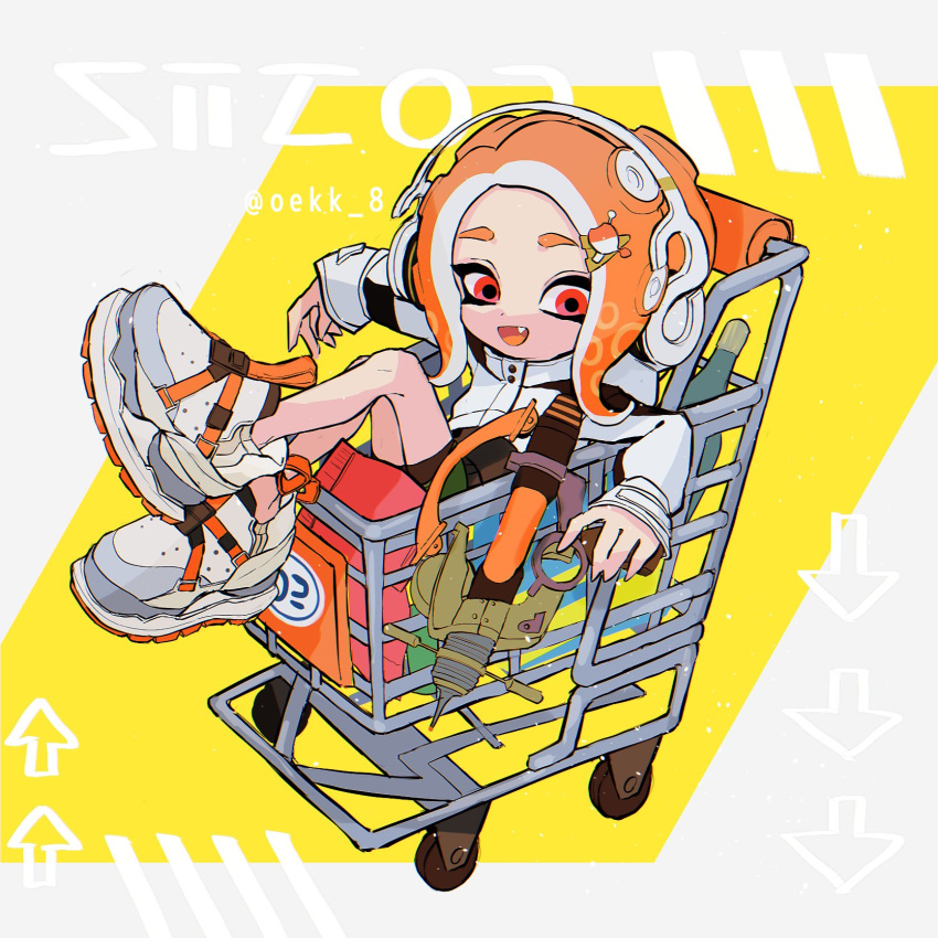 1girl, :d, arrow_(symbol), artist_name, bag, bangs, bike_shorts, bottle