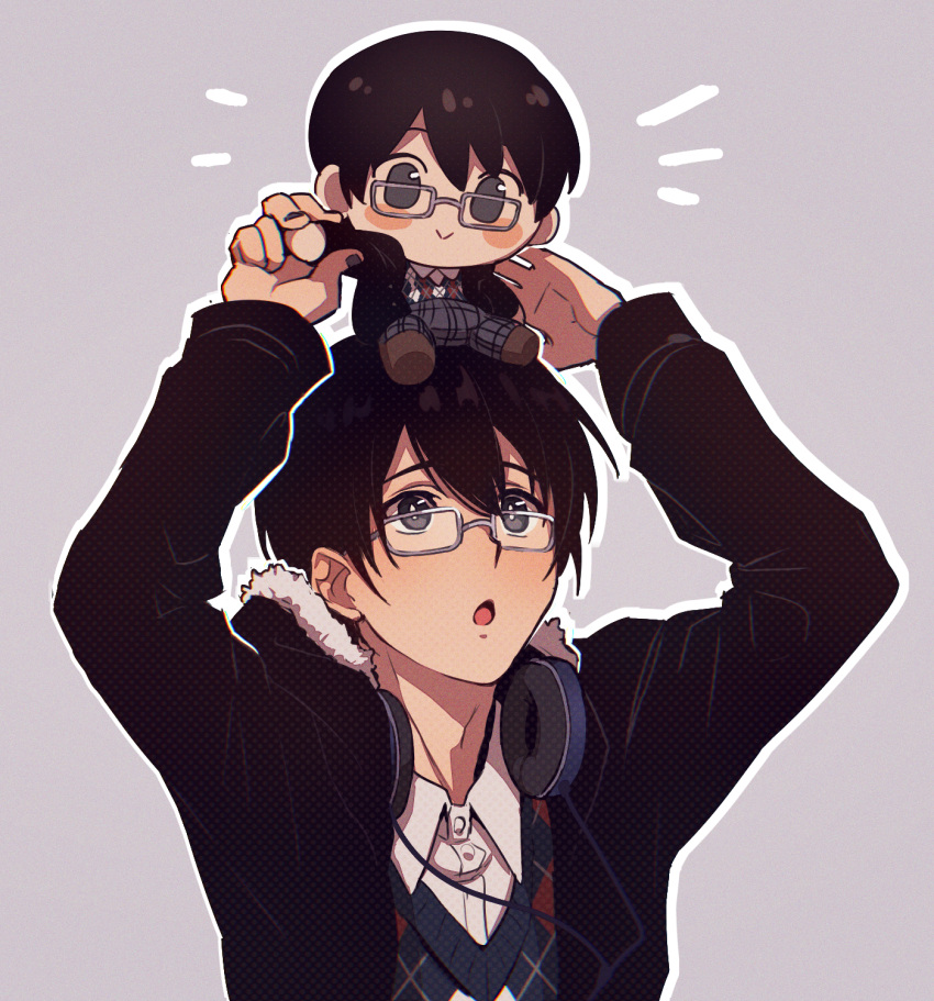 1boy, argyle, arms_up, black_hair, blush, blush_stickers, character_doll, collared_shirt