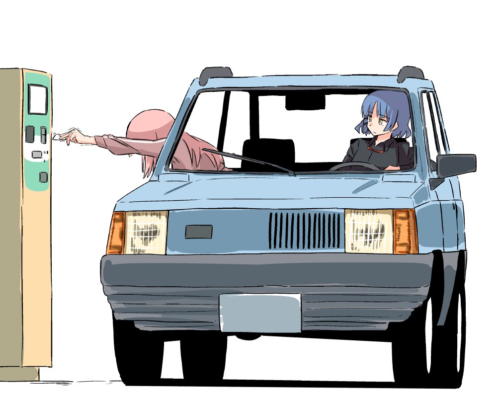 2girls, bangs, black_shirt, blue_hair, blunt_bangs, bocchi_the_rock!, car, closed_mouth, collared_shirt, commentary, covered_face, elbow_rest, expressionless, fiat, fiat_panda, gaditava, gotou_hitori, ground_vehicle, hair_ornament, hairclip, holding_ticket, jacket, left-hand_drive, long_hair, long_sleeves, looking_at_another, motor_vehicle, multiple_girls, outstretched_arm, parking_meter, parted_bangs, pink_hair, pink_jacket, reaching, shirt, short_hair, sitting, track_jacket, trembling, white_background, yamada_ryou, yellow_eyes