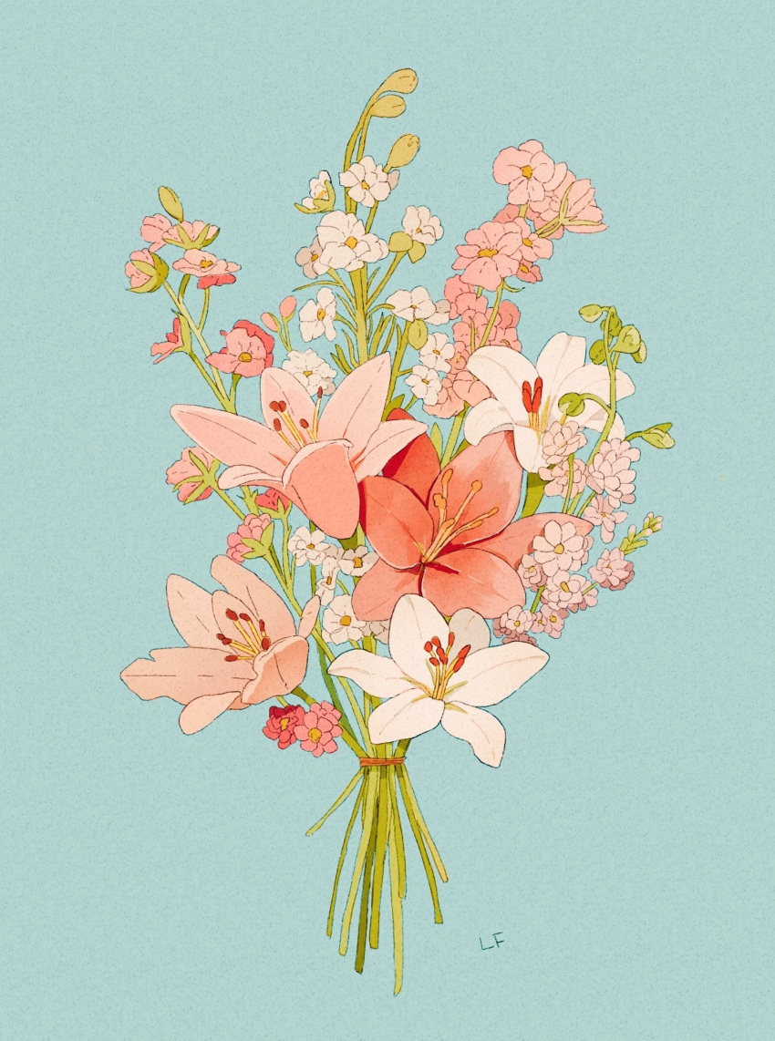 blue_background, bouquet, bud, commentary, commission, english_commentary, flower, highres
