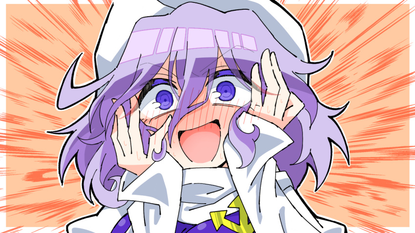 1girl, bangs, blue_eyes, blush, embarrassed, grey_hair, hands_on_own_cheeks, hands_on_own_face