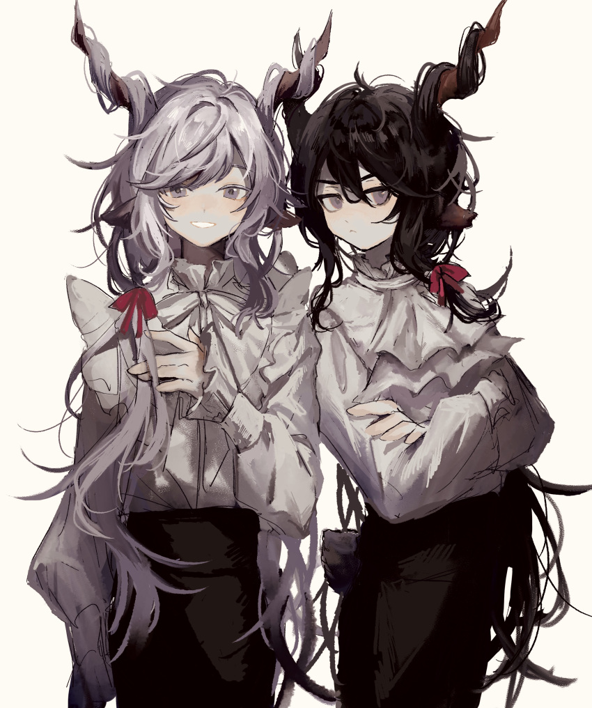 2boys, absurdres, animal_ears, arknights, bangs, black_hair, black_skirt, brown_background