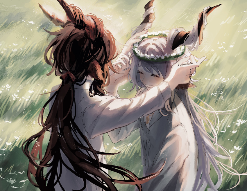 2boys, ^_^, absurdres, animal_ears, arknights, black_hair, closed_eyes, collared_shirt