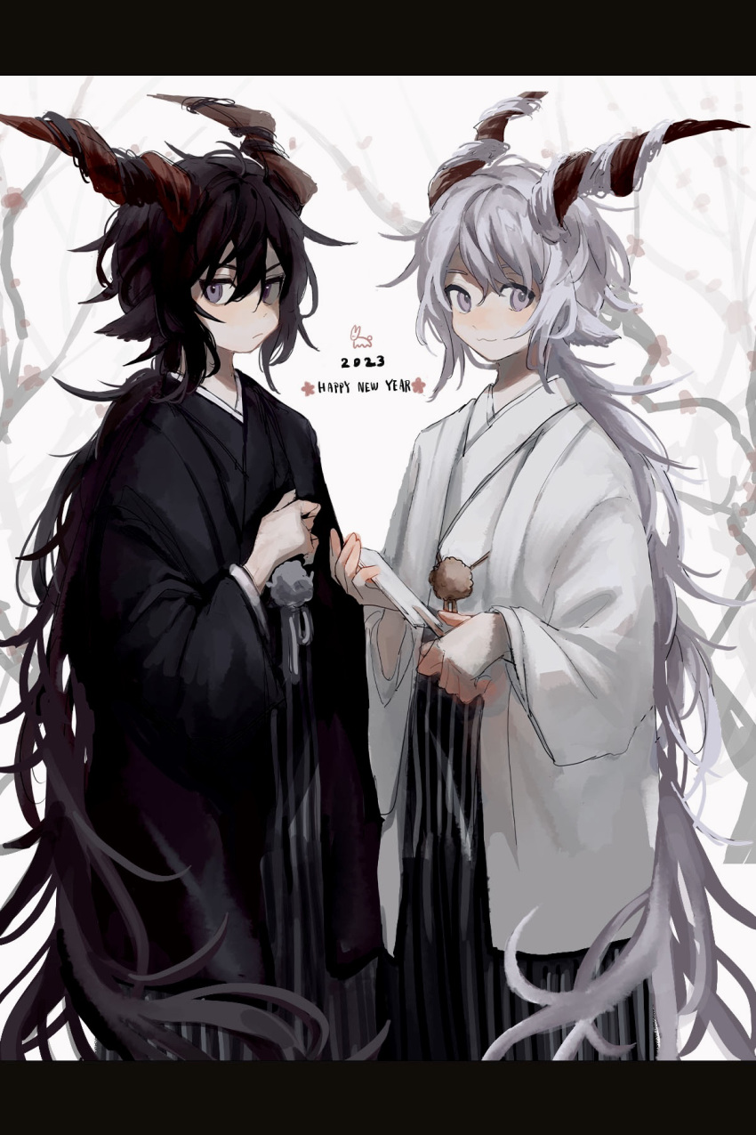 2023, 2boys, arknights, bangs, black_hair, black_kimono, ebenholz_(arknights), grey_eyes