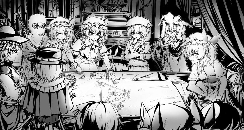 6+girls, absurdres, ascot, blush, clone, closed_eyes, cosplay, flandre_scarlet
