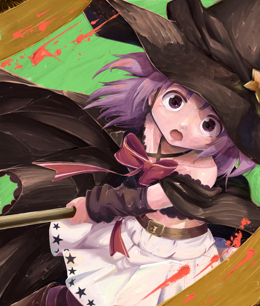 1girl, absurdres, arm_warmers, belt, black_cape, black_headwear, black_shirt, black_sleeves, brown_belt, cape, criss-cross_halter, crop_top, detached_sleeves, halterneck, hat, highres, holding, holding_weapon, looking_at_viewer, magia_record:_mahou_shoujo_madoka_magica_gaiden, magical_girl, mahou_shoujo_madoka_magica, miniskirt, misono_karin, monznyan, open_mouth, pink_ribbon, pleated_skirt, print_skirt, purple_hair, ribbon, shirt, skirt, solo, star_(symbol), star_print, weapon, white_skirt, wide-eyed, witch_hat
