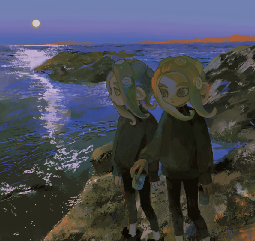 1boy, 1girl, azigashimitoru, black_footwear, black_leggings, black_sweater, blonde_hair, blue_sky