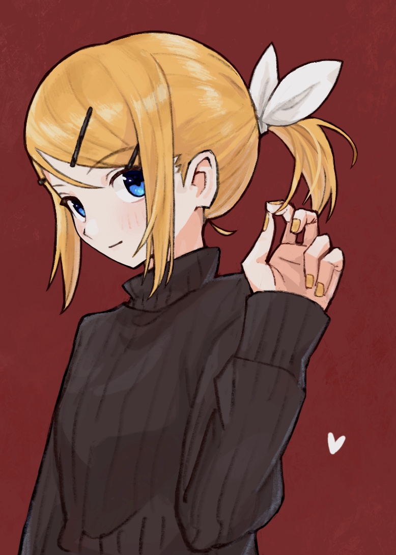 1girl, alternate_hairstyle, bangs, black_sweater, blonde_hair, blue_eyes, bow, breasts