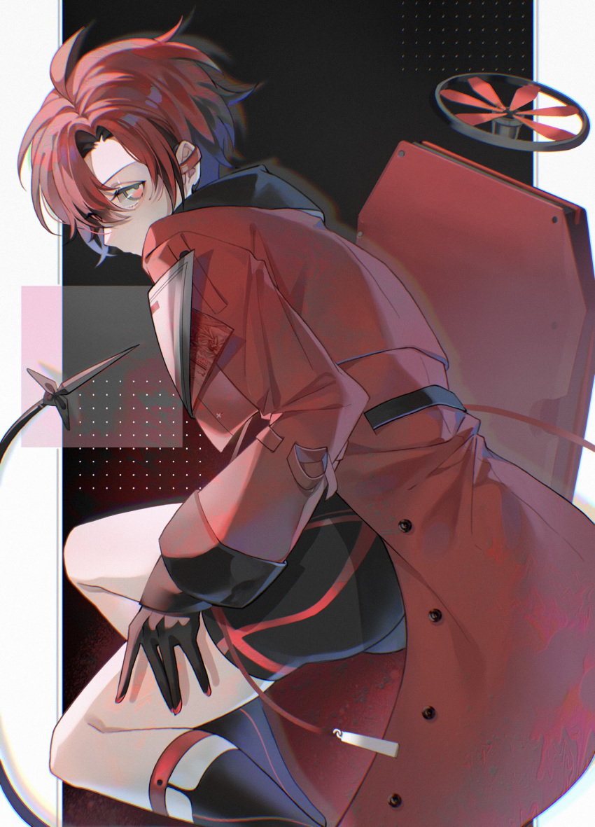 1boy, black_background, black_gloves, black_shorts, black_socks, coat, commentary, curtained_hair, drone, earpiece, expressionless, feet_out_of_frame, from_side, gloves, green_eyes, highres, holostars, holostars_english, legwear_garter, limao_(tanuki_1220), looking_at_viewer, looking_to_the_side, machina_x_flayon, male_focus, mechanical_tail, multicolored_eyes, outside_border, pillarboxed, red_coat, red_eyes, redhead, shield, short_hair, shorts, socks, solo, tail, virtual_youtuber