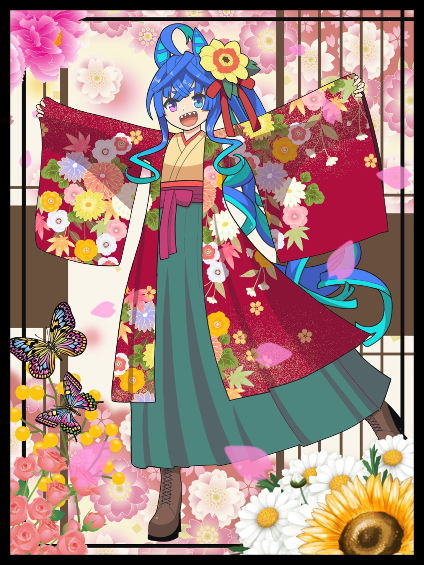 1girl, ahoge, alternate_costume, alternate_hairstyle, animal_ears, blue_eyes, blue_hair, boots