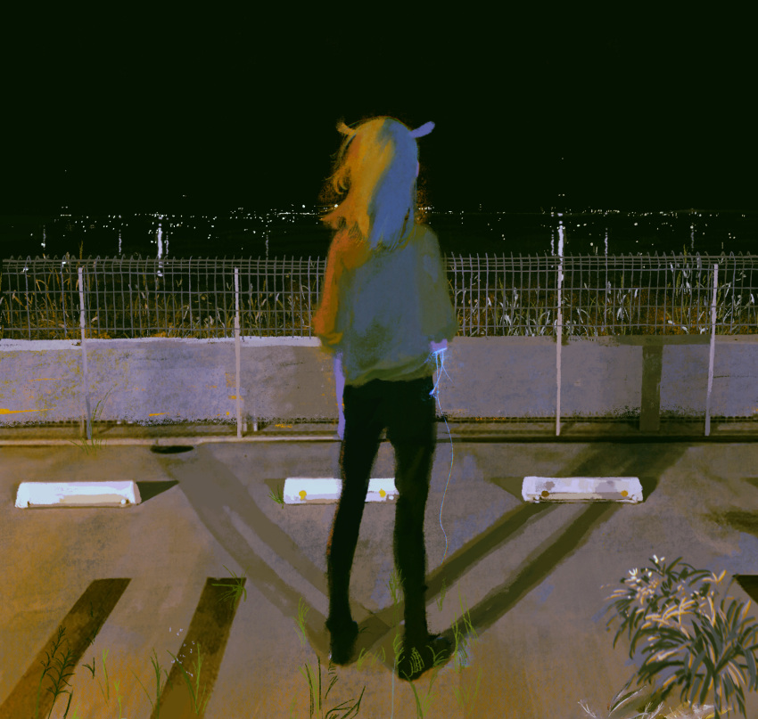 1girl, amputee, azigashimitoru, black_footwear, black_pants, black_sky, city_lights, cityscape, facing_away, fence, from_behind, full_body, grass, highres, long_hair, night, original, outdoors, pants, parking_block, parking_lot, plant_request, scenery, shadow, solo, standing