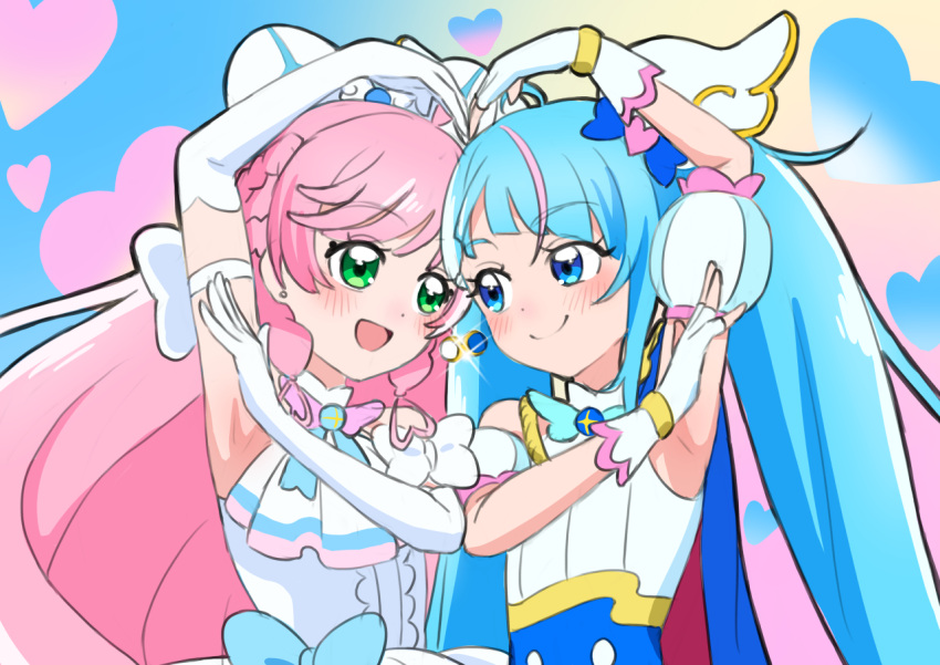 2girls, ahoge, arm_up, armband, armpits, ascot, bangs, blue_bow