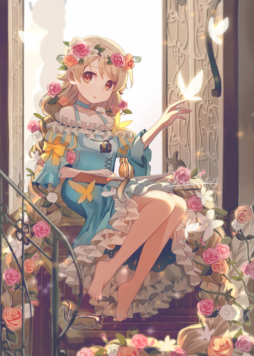 1girl, absurdly_long_hair, absurdres, architecture, barefoot, blue_dress, book, book_on_lap, brown_eyes, brown_hair, bug, butterfly, chipmunk, commentary_request, dress, flower, frilled_dress, frills, hair_flower, hair_ornament, hand_up, head_wreath, highres, idolmaster, idolmaster_cinderella_girls, lock, long_hair, looking_at_viewer, morikubo_nono, open_book, open_mouth, orange_flower, orange_rose, pink_flower, pink_rose, rose, shisui_(5830217), short_sleeves, sitting, solo, squirrel, stairs, very_long_hair, white_flower, white_rose