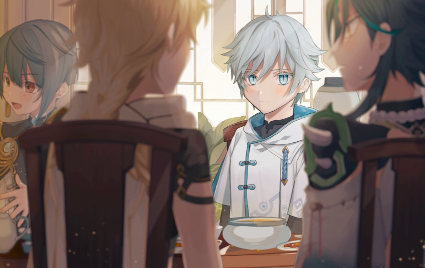 4boys, aether_(genshin_impact), blonde_hair, blue_eyes, blue_hair, braid, brown_eyes, chongyun_(genshin_impact)