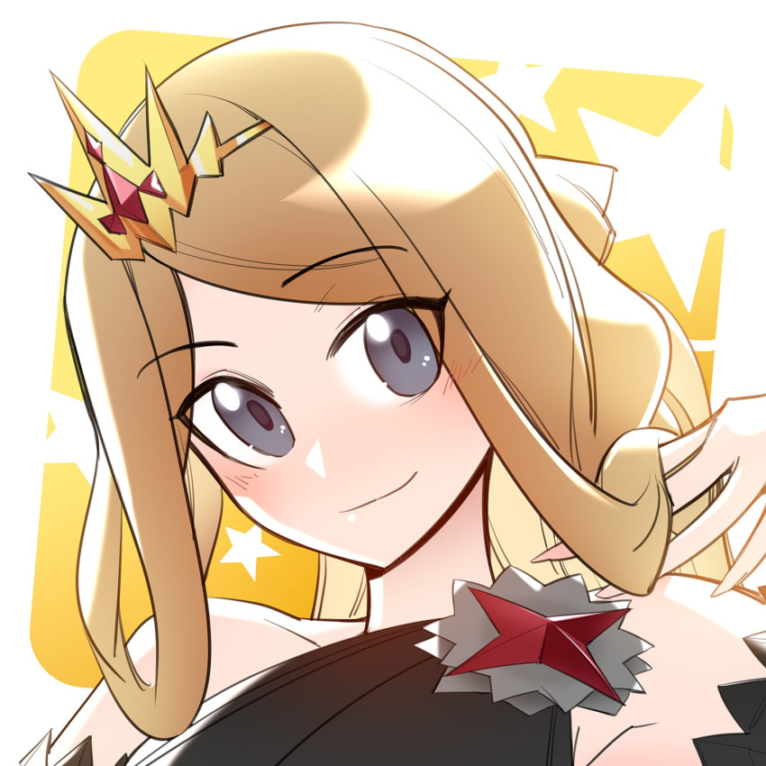 1girl, alternate_color, black_dress, blonde_hair, collarbone, dress, grey_eyes, hand_up