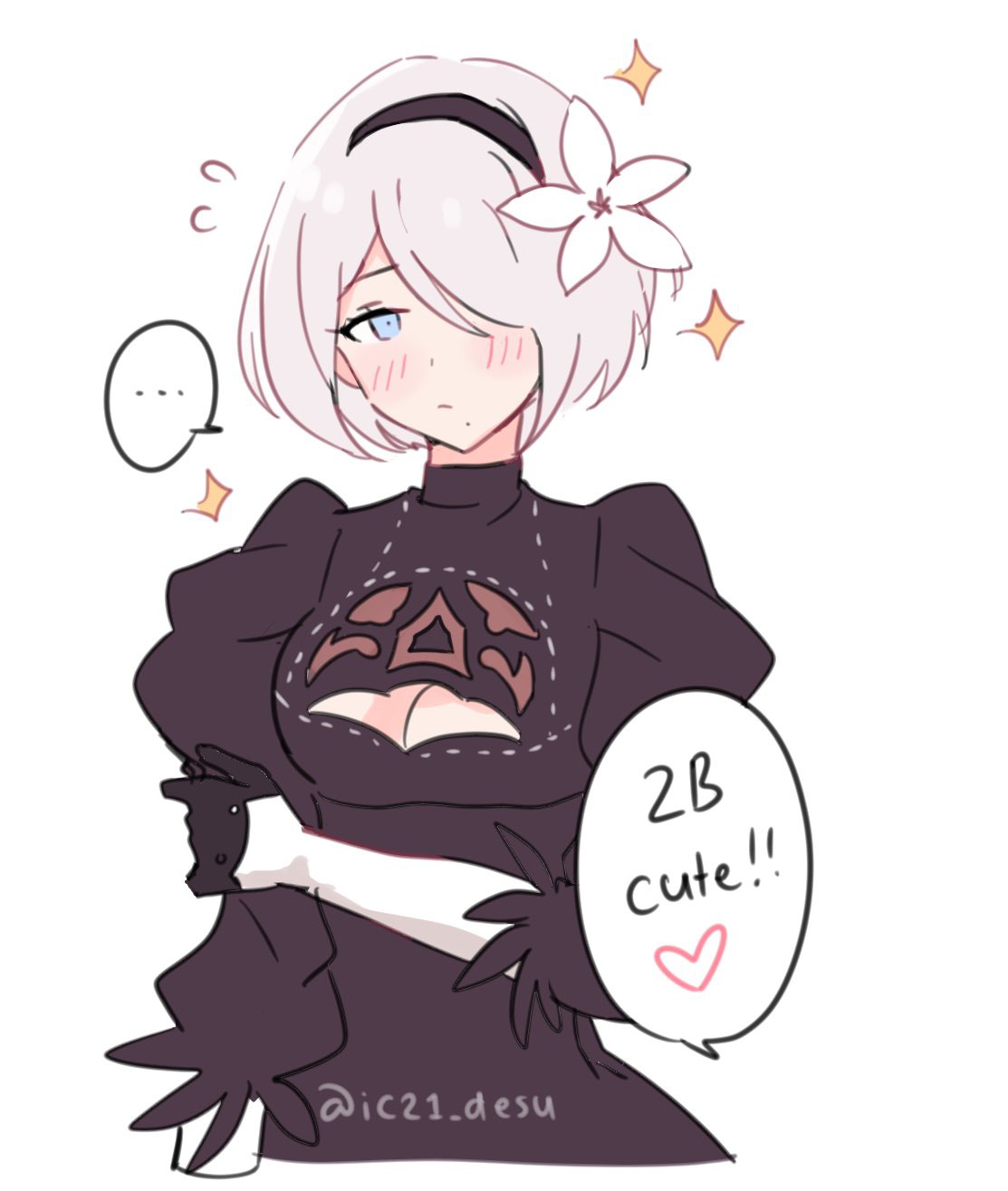 1girl, artist_name, black_dress, black_gloves, black_hairband, blue_eyes, blush, cleavage_cutout