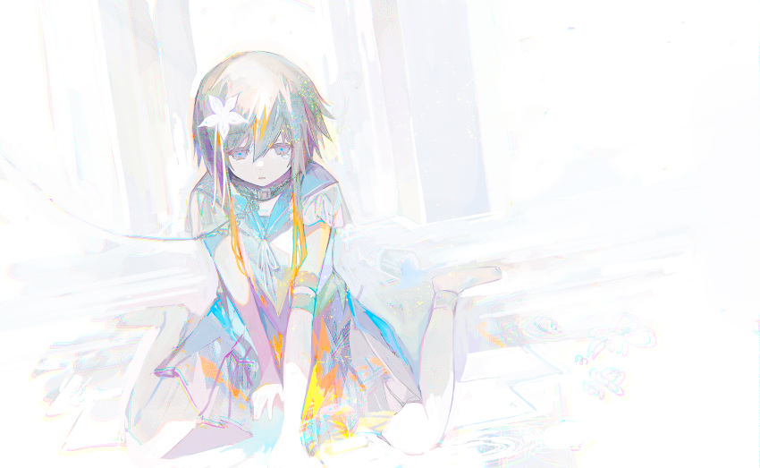 1girl, collar, flower, full_body, hair_flower, hair_ornament, hands_on_floor, highres
