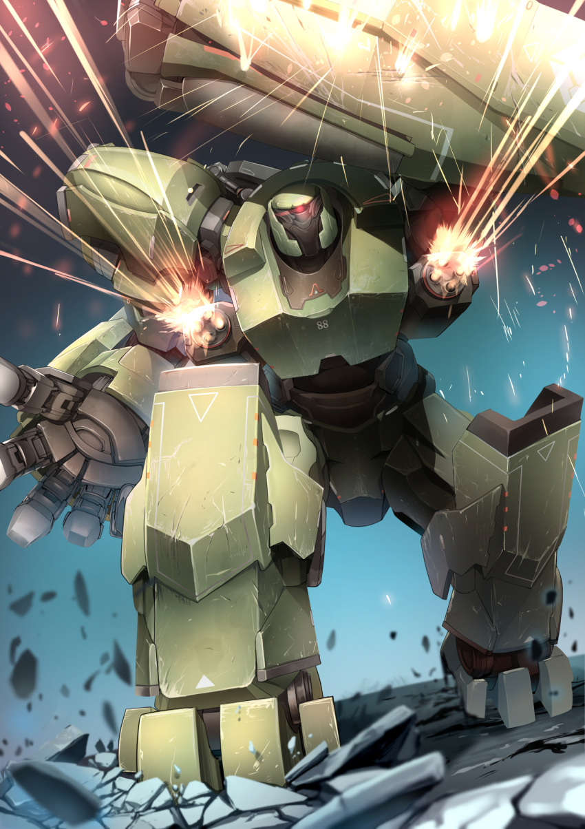 arm_shield, arm_up, blue_background, commentary_request, debris, firing, gigantes_(last_origin), glowing, glowing_eye, gradient_background, gun, highres, last_origin, mecha, muzzle_flash, no_humans, one-eyed, red_eyes, remu_(kirieroido), robot, shield, standing, weapon