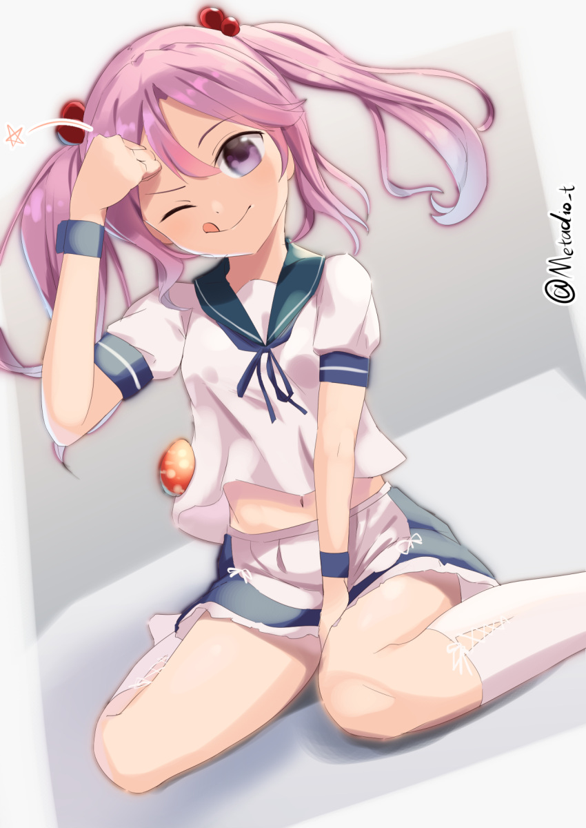 1girl, apron, badge, blue_sailor_collar, blue_skirt, collar, dojikko_pose, frilled_collar