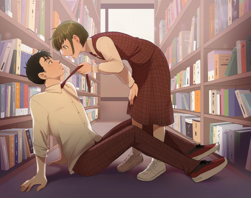 1boy, 1girl, after_school_lessons_for_unripe_apples, black_hair, bob_cut, book, bookshelf, brown_pants, brown_skirt, eye_contact, green_eyes, hetero, highres, hwang_mi-ae, indoors, kim_cheol, leaning_forward, library, looking_at_another, necktie, necktie_grab, neckwear_grab, palettebaibailu, pants, plaid, plaid_pants, plaid_skirt, red_footwear, red_necktie, scar, scar_on_face, school_uniform, shirt, shoes, short_hair, sitting, skirt, sneakers, standing, white_footwear, white_shirt