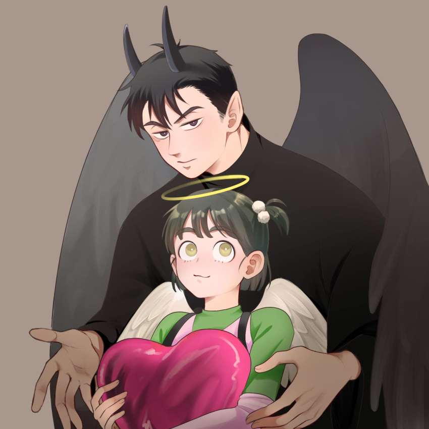 1boy, 1girl, after_school_lessons_for_unripe_apples, angel_wings, black_eyes, black_hair, black_horns, black_shirt, brown_background, demon_horns, green_eyes, green_shirt, hair_bobbles, hair_ornament, halo, heart, hetero, highres, holding, holding_heart, horns, hwang_mi-ae, kim_cheol, long_sleeves, palettebaibailu, shirt, short_hair, simple_background, smile, upper_body, wings