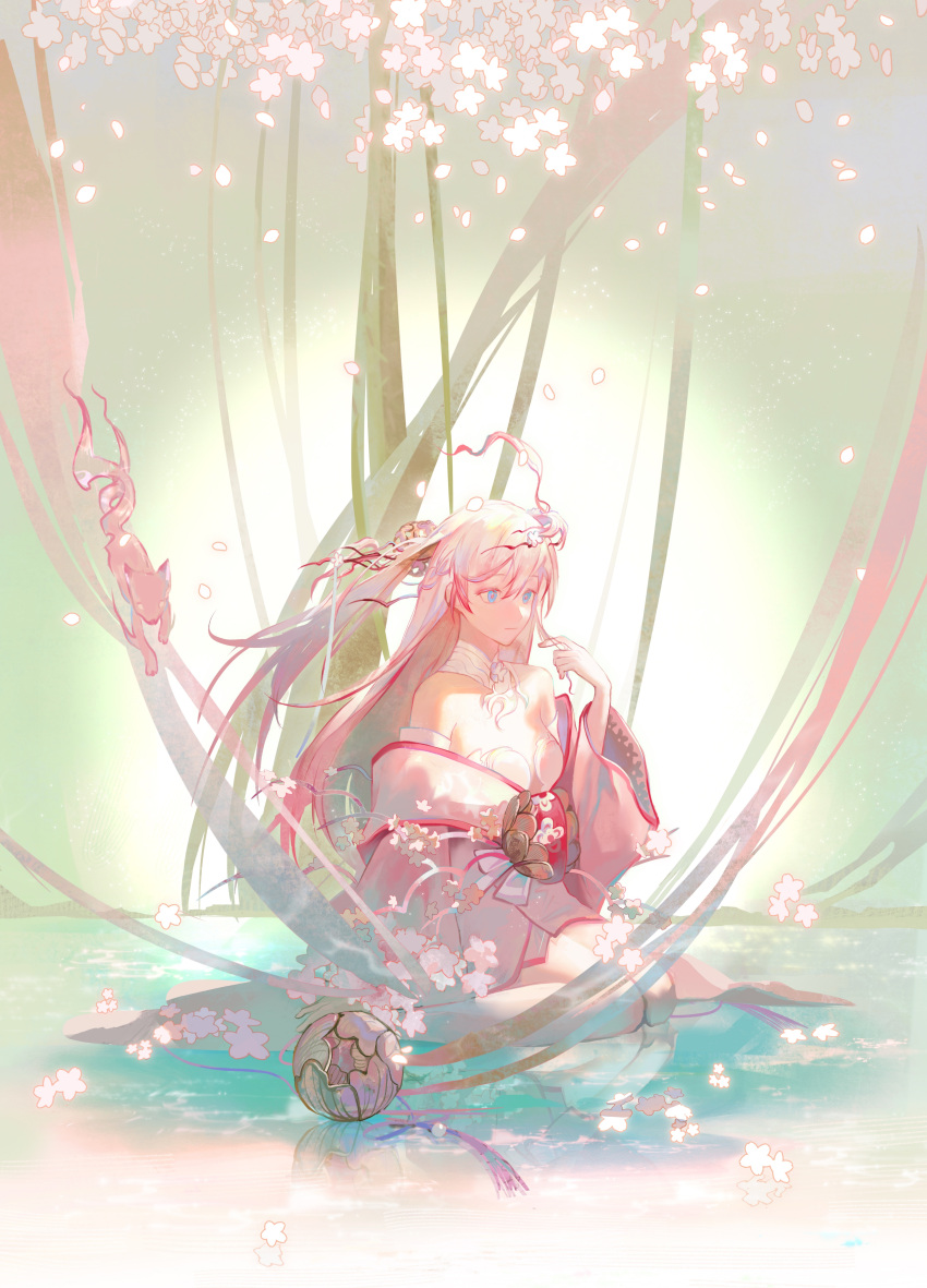 1girl, absurdres, ball, bare_shoulders, cherry_blossoms, colored_tips, dropping, falling_petals