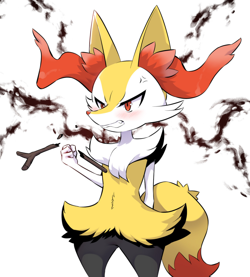 1girl, anger_vein, angry, animal_ear_fluff, animal_ears, animal_nose, arm_behind_back, black_fur, blush, body_fur, braixen, breaking, clenched_hand, clenched_teeth, commentary_request, cowboy_shot, fang, flat_chest, fox_ears, fox_girl, fox_tail, fur_collar, furry, furry_female, hand_up, highres, korean_commentary, mixed-language_commentary, multicolored_fur, nunvora, partial_commentary, pokemon, pokemon_(creature), red_eyes, snout, solo, stick, tail, teeth, thighs, white_background, white_fur, yellow_fur