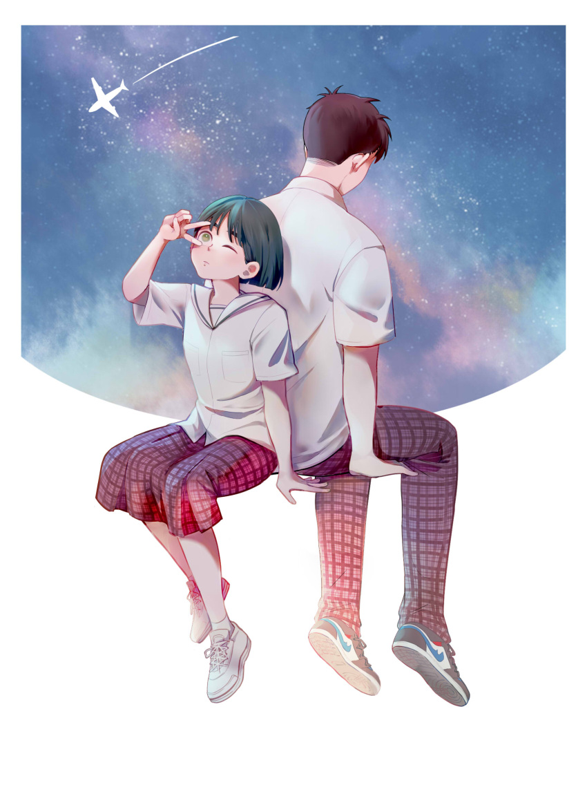 1boy, 1girl, after_school_lessons_for_unripe_apples, aircraft, airplane, back-to-back, black_hair, brown_hair