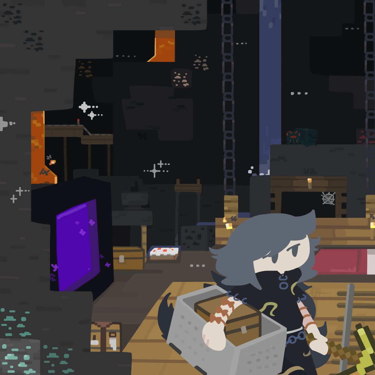 1girl, bed, black_shirt, bow, cake, cave, cave_spider, chest_(furniture)