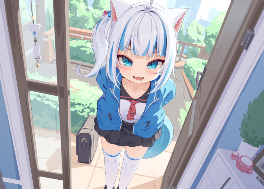 1girl, ahoge, alternate_costume, animal_ears, blue_eyes, blue_hair, blush, cat_ears