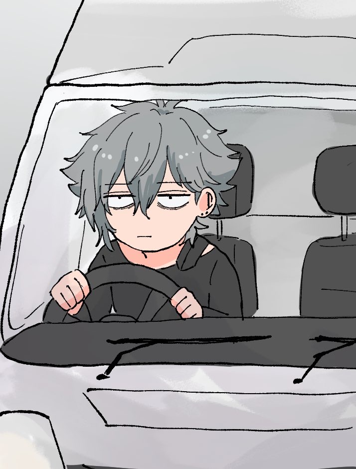 1boy, bangs, black_eyes, black_shirt, cat, driving, fate/grand_order, fate_(series), flat_color, grey_hair, hair_between_eyes, kadoc_zemlupus, male_focus, multiple_boys, o-miya_(ohmiya_you), shirt, solo, steering_wheel, unamused, upper_body