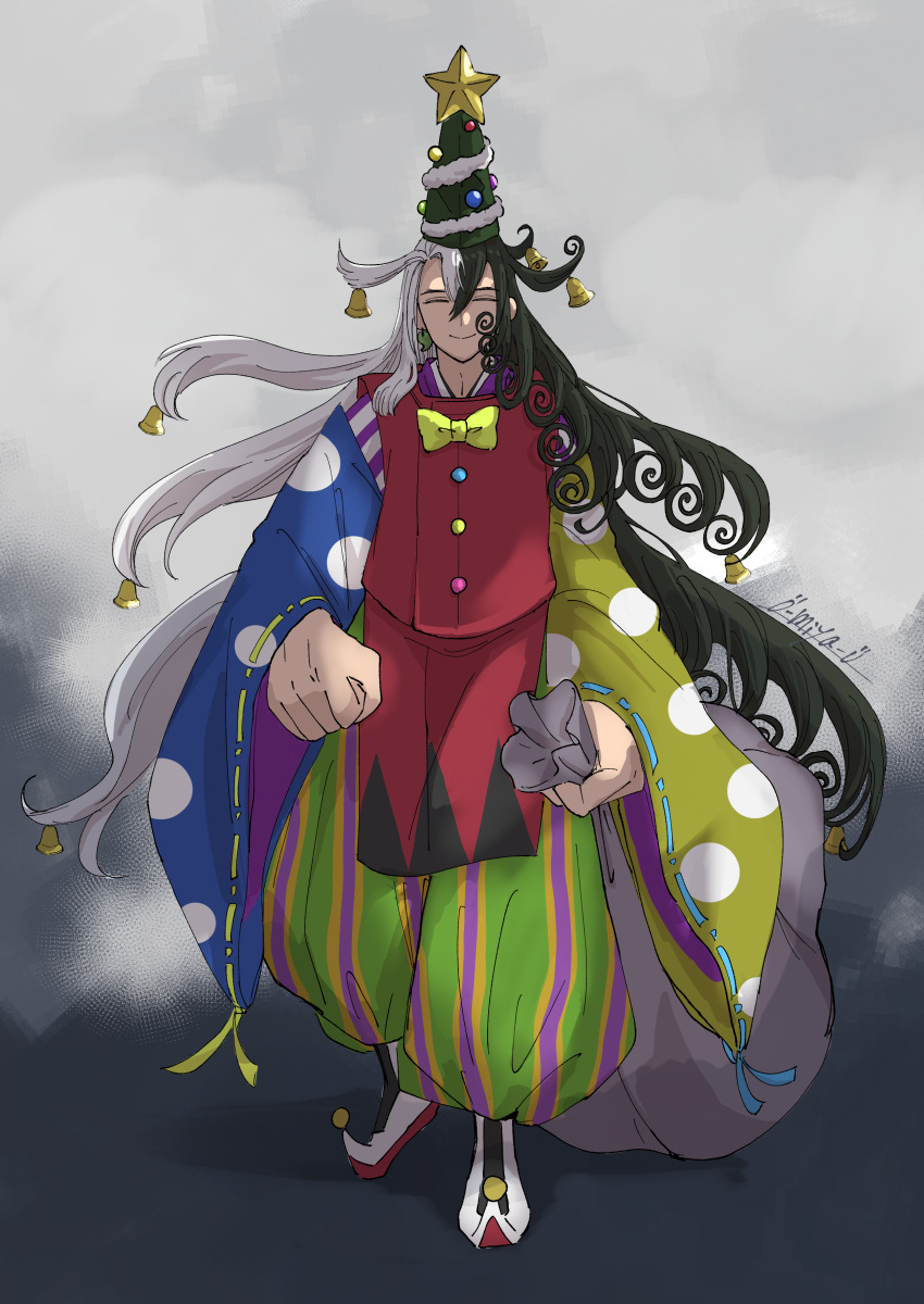 1boy, ^_^, absurdres, alternate_costume, ashiya_douman_(fate), asymmetrical_hair, bell, black_eyes