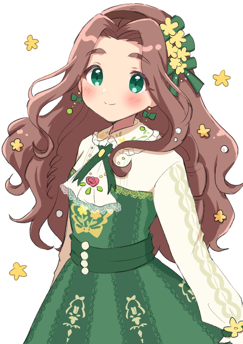 1girl, absurdres, ascot, blush, bow, brown_hair, dress, earrings, flower, green_bow, green_dress, green_eyes, hair_bow, hair_flower, hair_ornament, highres, idolmaster, idolmaster_cinderella_girls, jewelry, kahiika, kusakabe_wakaba, long_hair, long_sleeves, looking_at_viewer, simple_background, smile, solo, two-tone_dress, wavy_hair, white_background, white_dress