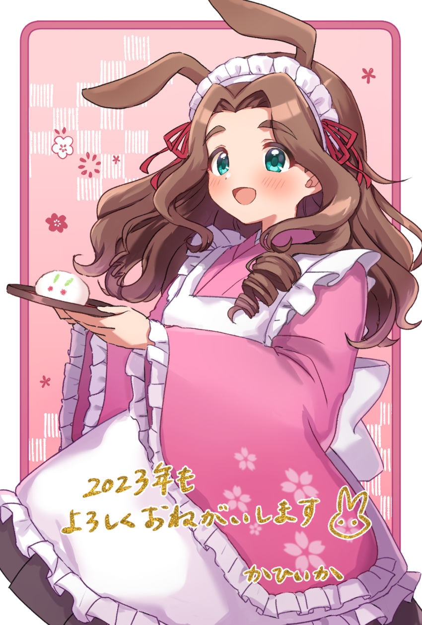1girl, :d, animal_ears, blush, brown_hair, dated, food, green_eyes