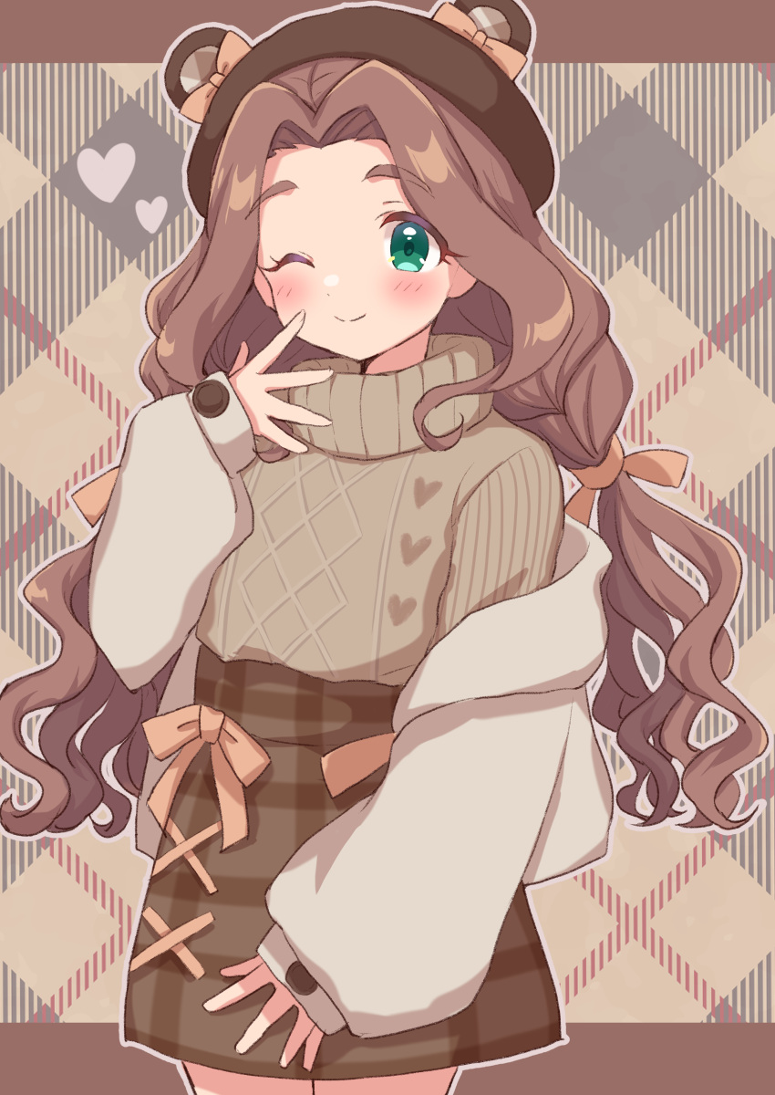1girl, absurdres, bear_hat, blush, bow, brown_background, brown_hair, brown_skirt