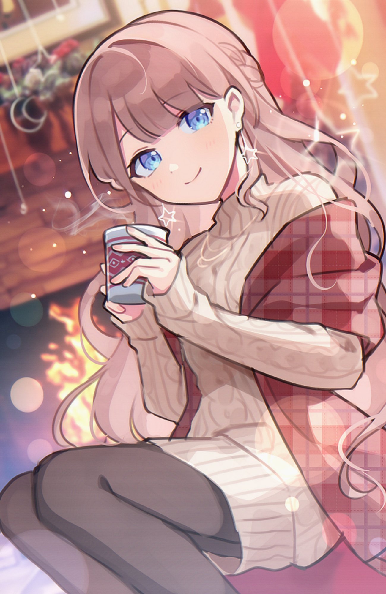 1girl, bangs, black_pantyhose, blue_eyes, blunt_bangs, blurry, blurry_background, bokeh