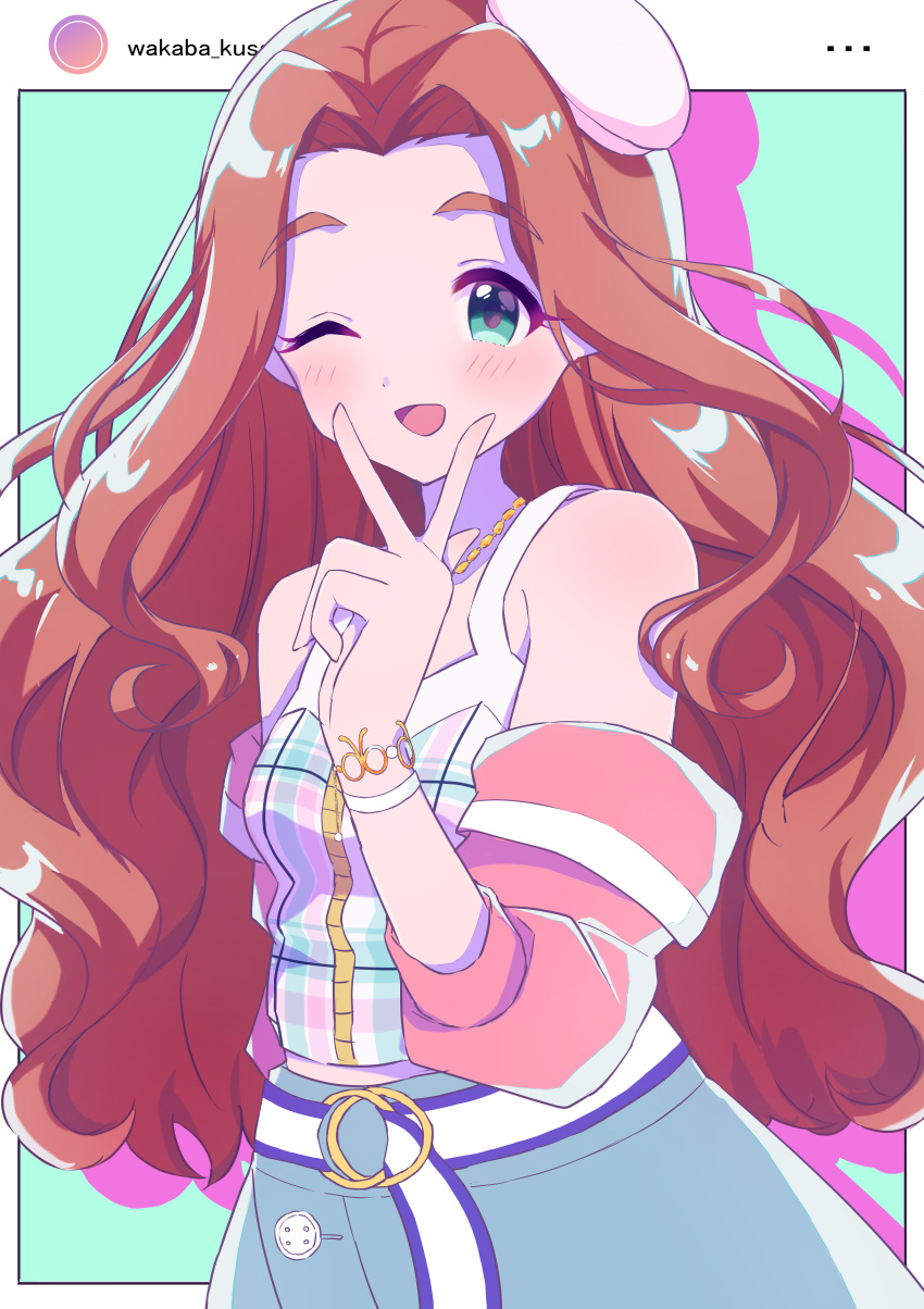 1girl, ;d, absurdres, bad_neck, blush, bracelet, brown_hair, buttons