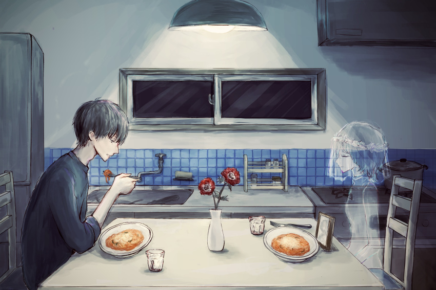 1boy, 1girl, absurdres, black_hair, black_shirt, chair, cooking_pot, eating