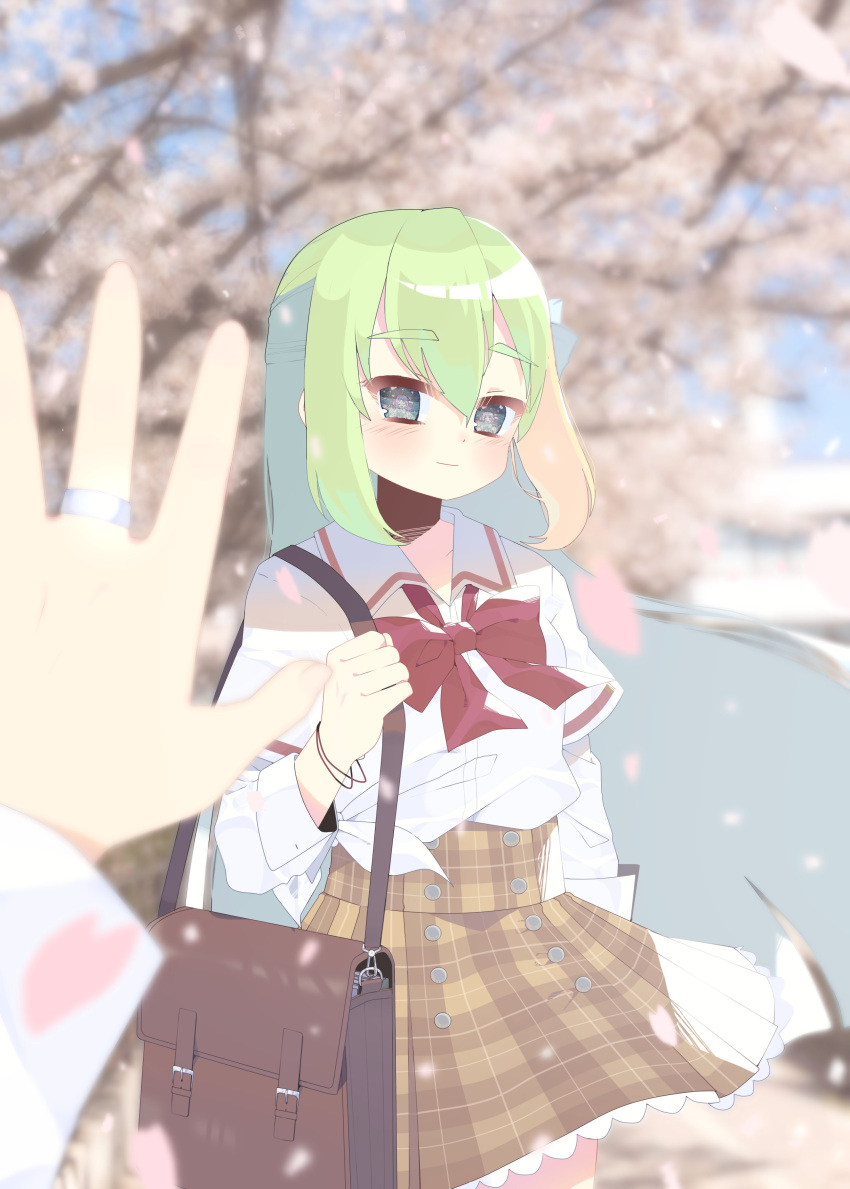 2girls, absurdres, alina_gray, amane_hikari, bag, blonde_hair, blurry, bow
