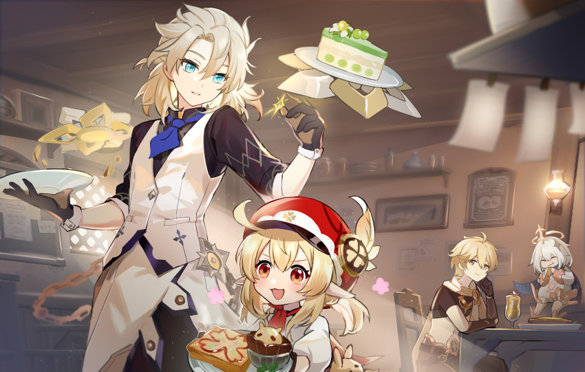 2boys, 2girls, absurdres, aether_(genshin_impact), albedo_(genshin_impact), albedo_(sweets_paradise)_(genshin_impact), apple_juice, aqua_eyes, berry_&amp;_mint_burst_(genshin_impact), black_gloves, black_scarf, blonde_hair, braid, braided_ponytail, cabbie_hat, clover_print, crop_top, dodoco_(genshin_impact), dress, earrings, feather_hair, fish-flavored_toast_(genshin_impact), floating, genshin_impact, gloves, halo, hat, highres, jewelry, jumpy_dumpty, kanatia110, klee_(genshin_impact), klee_(sweets_paradise)_(genshin_impact), long_hair, long_sleeves, looking_at_another, male_focus, mechanical_halo, medium_hair, multiple_boys, multiple_girls, official_alternate_costume, orange_eyes, paimon_(genshin_impact), red_headwear, scarf, short_hair_with_long_locks, short_sleeves, single_earring, vest_over_shirt, waiter, white_dress, white_hair, white_scarf, yellow_eyes