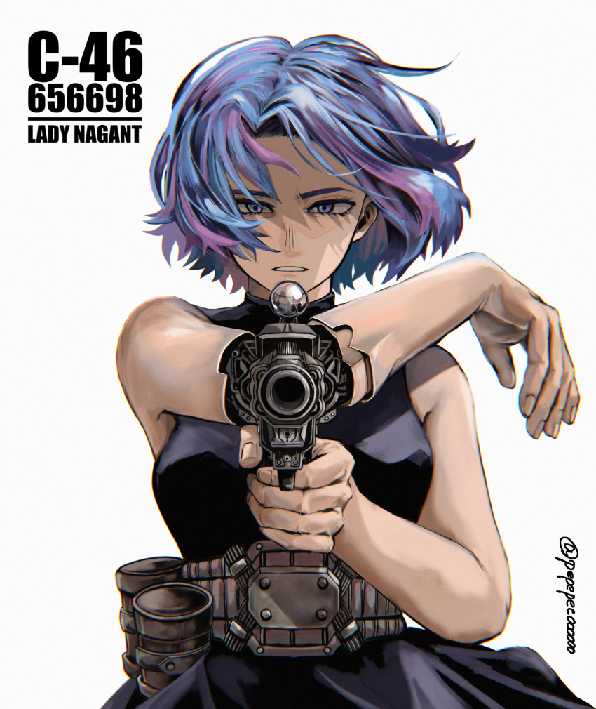 1girl, aiming_at_viewer, arm_mounted_weapon, bare_shoulders, belt, black_dress, blue_hair, blurry