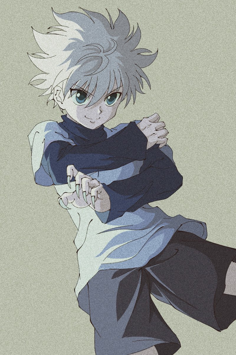 1boy, bangs, blue_eyes, enoki_(gongindon), fingernails, highres, hunter_x_hunter, killua_zoldyck