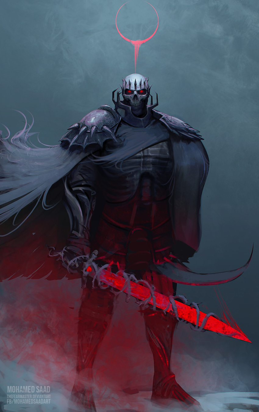 1boy, armor, artist_name, berserk, black_cape, bone, cape, deviantart_username