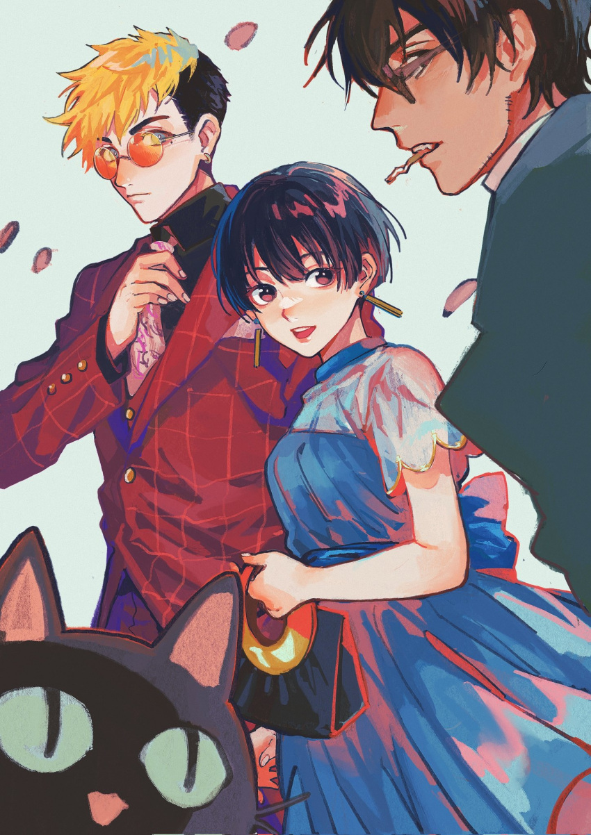 2boys, black_cat, black_hair, blonde_hair, breasts, cat, cigarette, earrings, highres, jewelry, kaiyomaru1868, kuroneko_(trigun), meryl_stryfe, mole, mole_under_eye, multiple_boys, nicholas_d._wolfwood, open_mouth, short_hair, simple_background, sunglasses, teeth, trigun, trigun_stampede, upper_teeth_only, vash_the_stampede