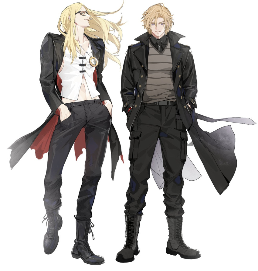 2boys, belt, black_coat, black_footwear, black_necktie, black_pants, blonde_eyebrows, blonde_hair