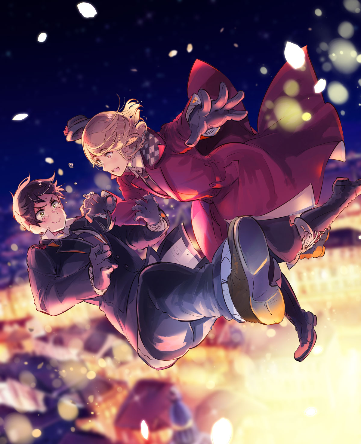 2boys, :d, axis_powers_hetalia, bangs, black_footwear, black_gloves, black_hair, black_headwear